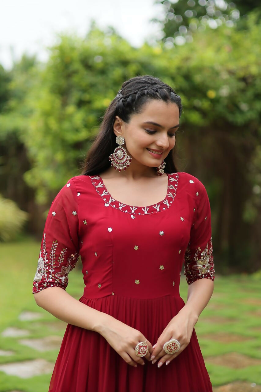 Vastranavya Premium Designer Faux Blooming with Embroidery Zari Sequins work Gown - Red | Grocsy