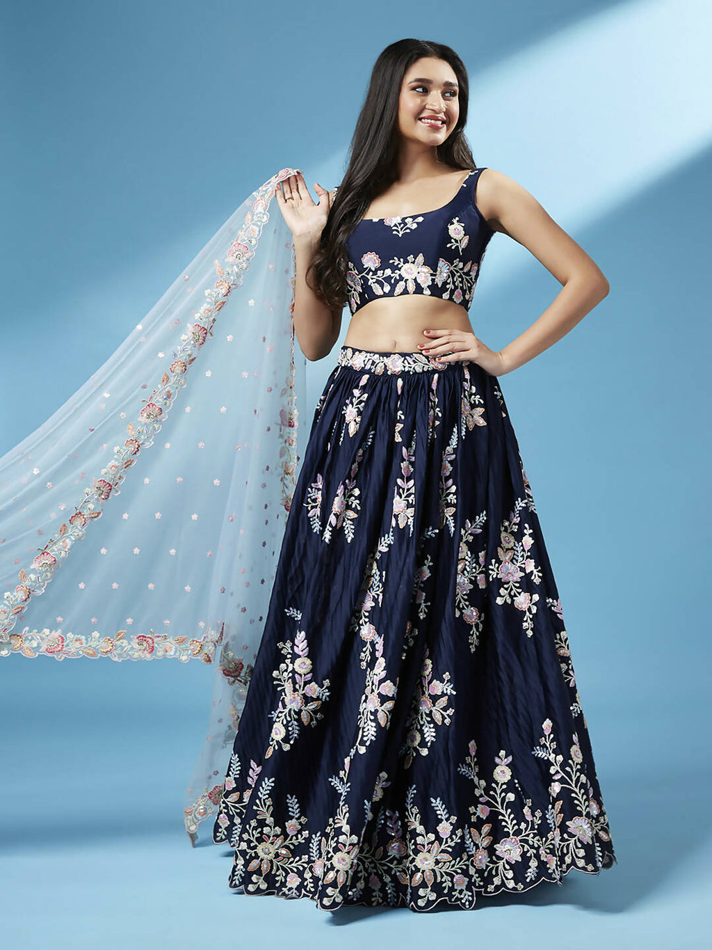 House of Panchhi Navy Blue Pure Georgette Thread & Sequinse Work Lehenga & Blouse, Dupatta | Grocsy