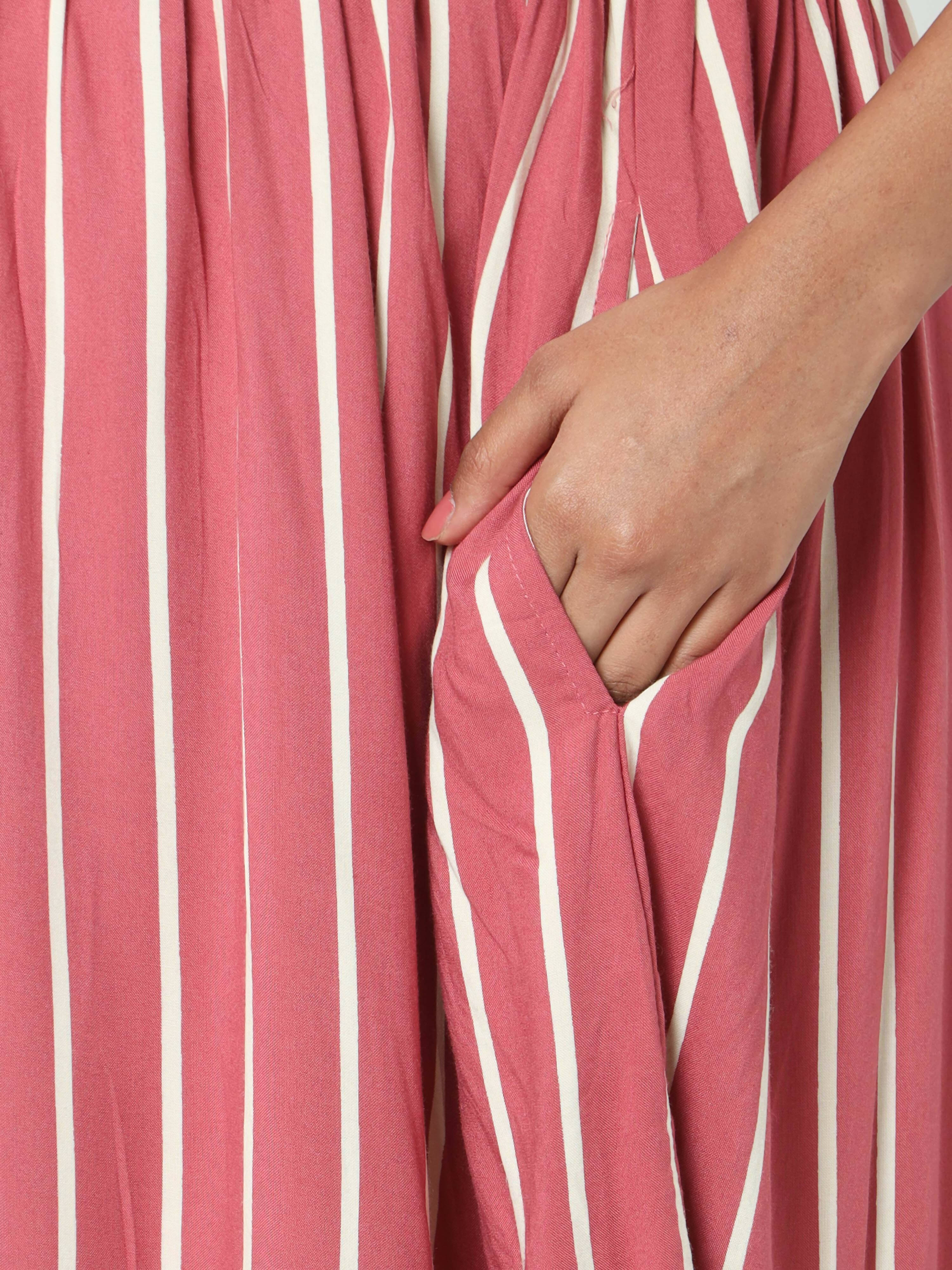 Manet Three Fourth Maternity Dress Striped With Concealed Zipper Nursing Access - Pink | Grocsy