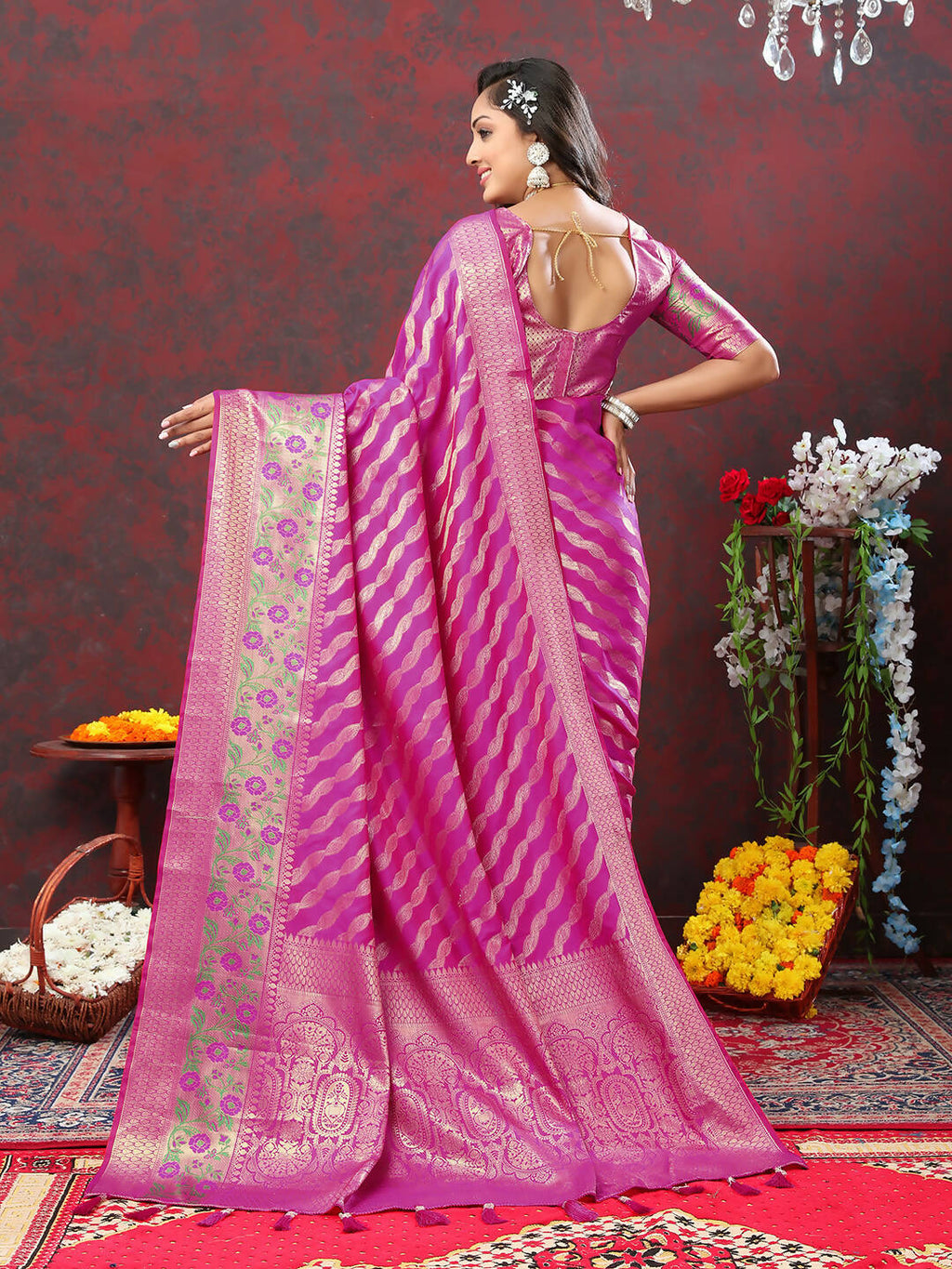 Lorenvalley Fashion Magenta Soft Silk Woven Design with Zari Weaving Leheriya Design Saree | Grocsy