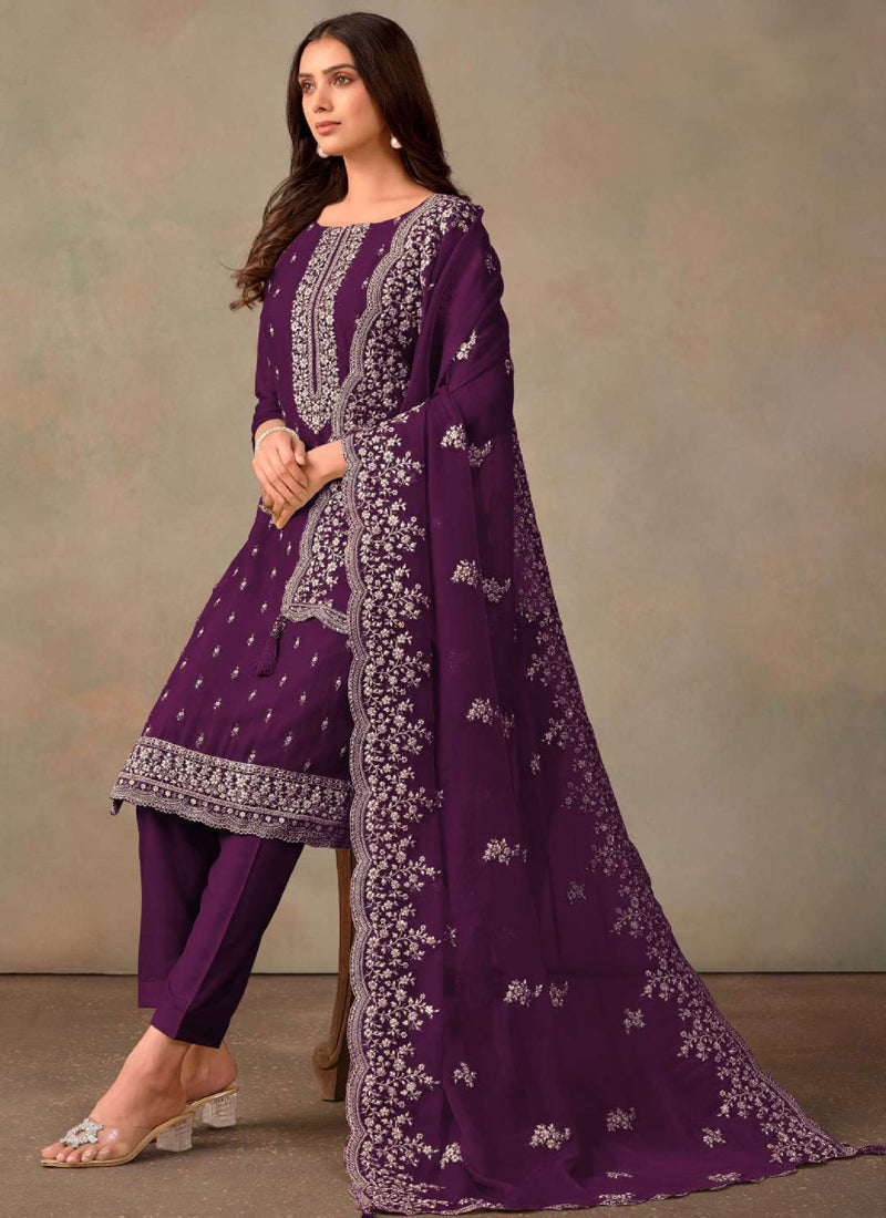 Vegaa Fashion Violet Organza Embroidery Work Designer Salwar Suit | Grocsy