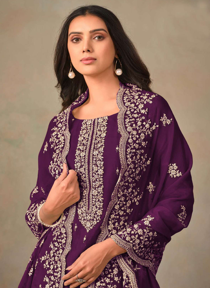 Vegaa Fashion Violet Organza Embroidery Work Designer Salwar Suit | Grocsy
