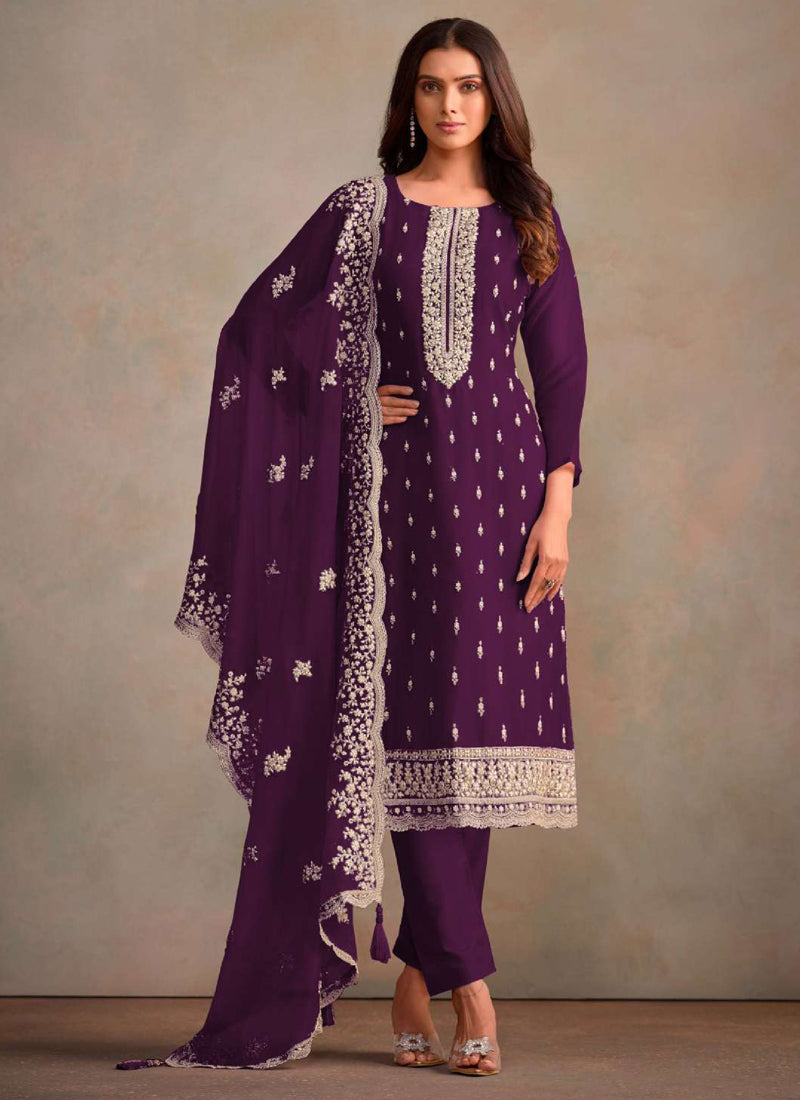 Vegaa Fashion Violet Organza Embroidery Work Designer Salwar Suit | Grocsy