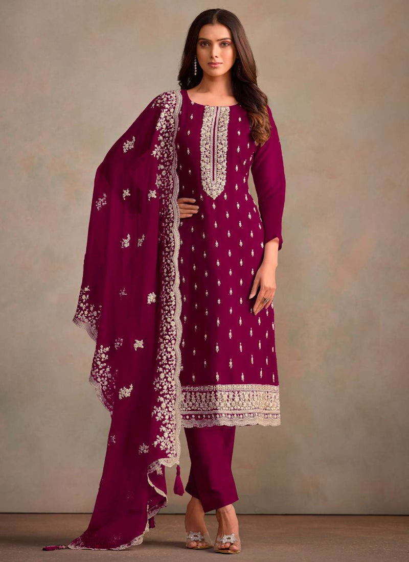Vegaa Fashion Wine Organza Embroidery Work Designer Salwar Suit | Grocsy