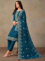 Vegaa Fashion Aqua Blue Organza Embroidery Work Designer Salwar Suit | Grocsy