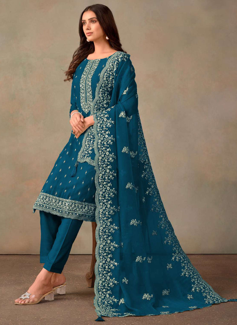 Vegaa Fashion Aqua Blue Organza Embroidery Work Designer Salwar Suit | Grocsy