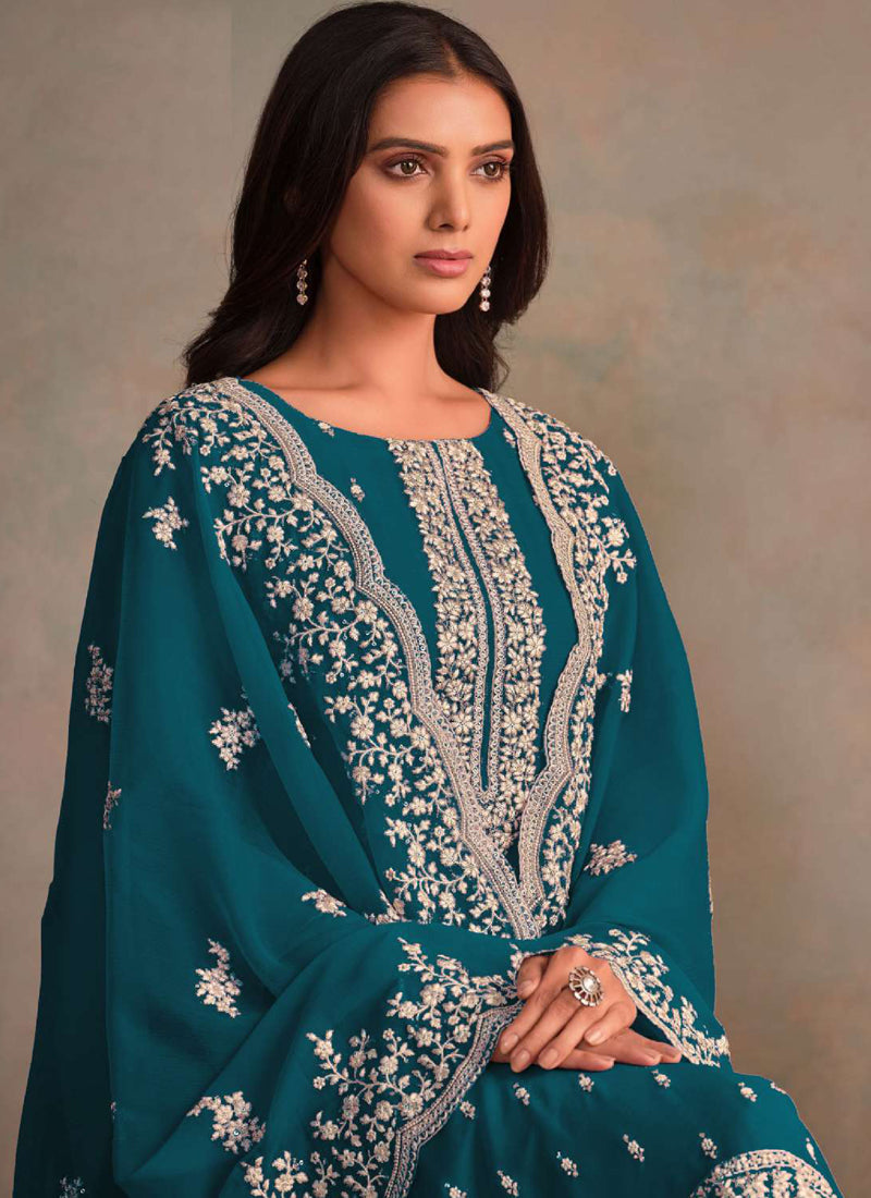Vegaa Fashion Aqua Blue Organza Embroidery Work Designer Salwar Suit | Grocsy