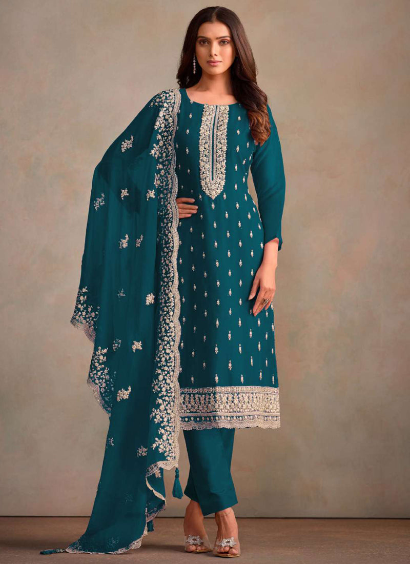 Vegaa Fashion Aqua Blue Organza Embroidery Work Designer Salwar Suit | Grocsy