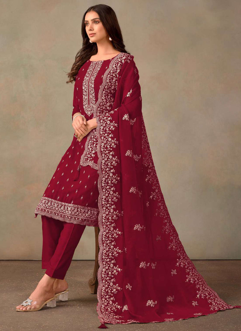 Vegaa Fashion Maroon Organza Embroidery Work Designer Salwar Suit | Grocsy