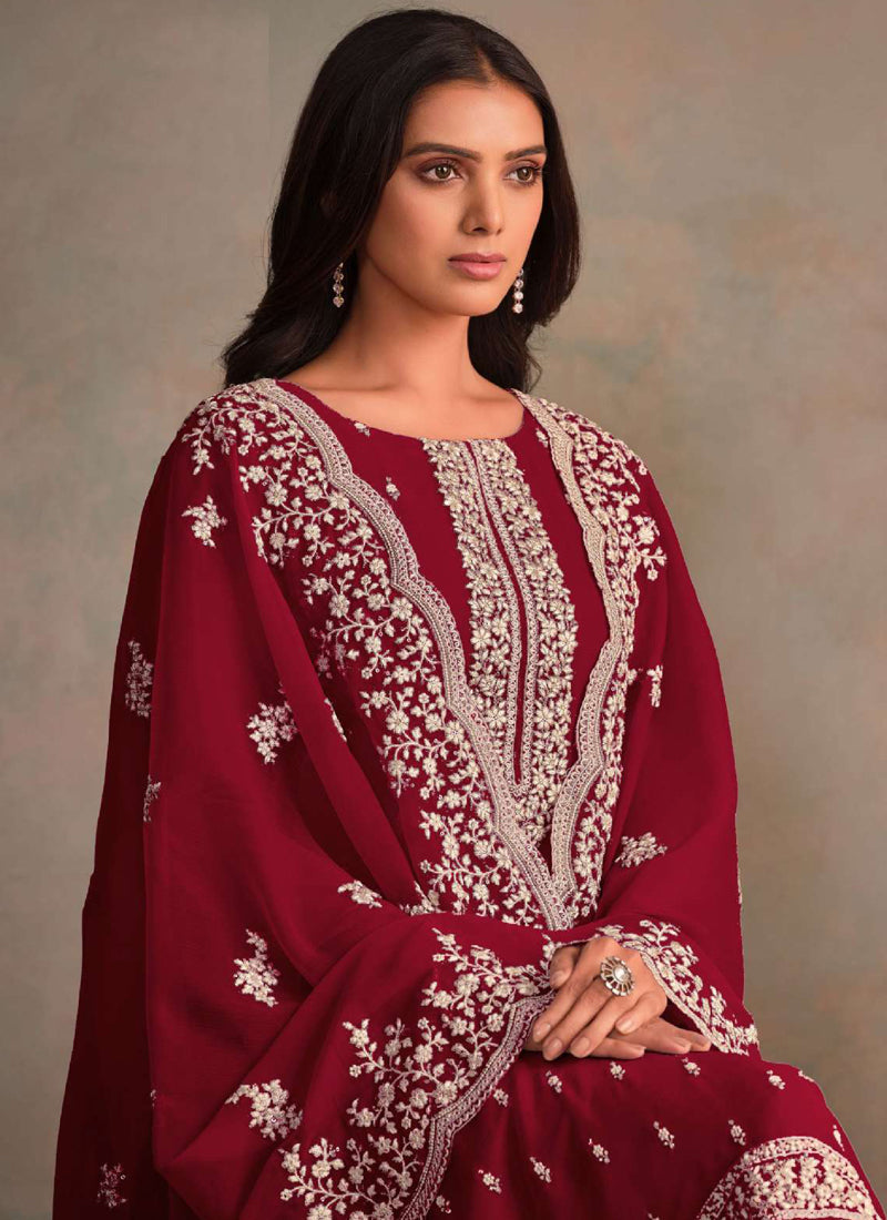 Vegaa Fashion Maroon Organza Embroidery Work Designer Salwar Suit | Grocsy