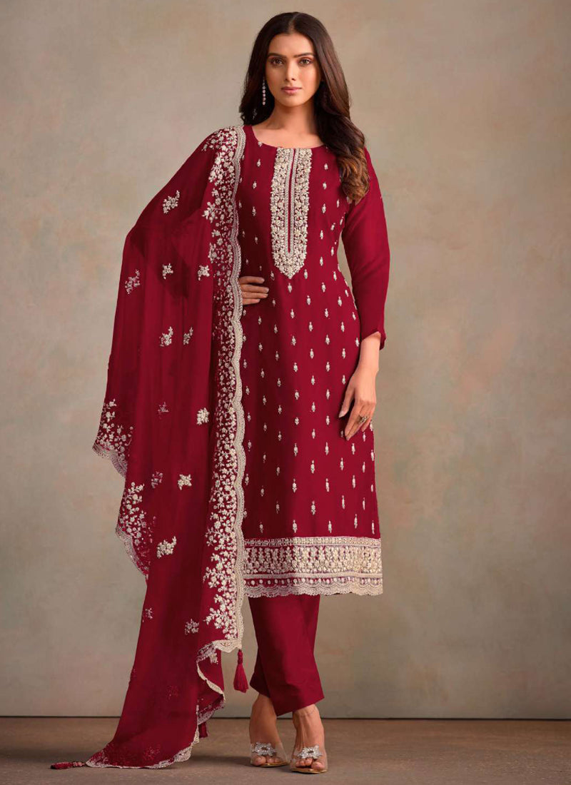Vegaa Fashion Maroon Organza Embroidery Work Designer Salwar Suit | Grocsy