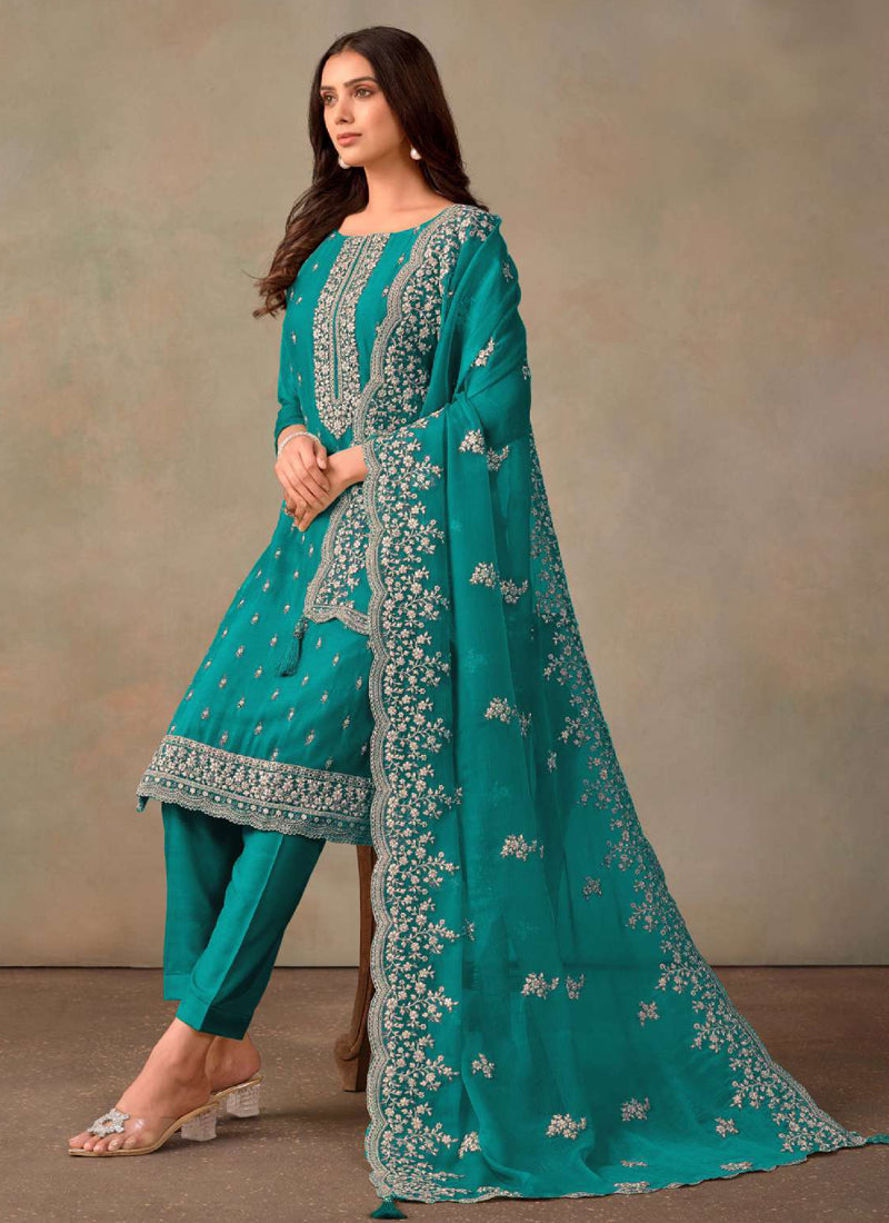 Vegaa Fashion Turquoise Organza Embroidery Work Designer Salwar Suit | Grocsy