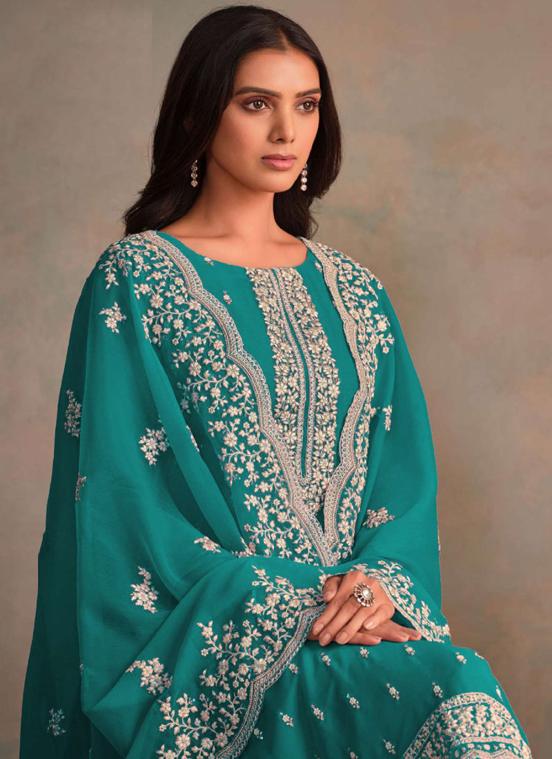 Vegaa Fashion Turquoise Organza Embroidery Work Designer Salwar Suit | Grocsy