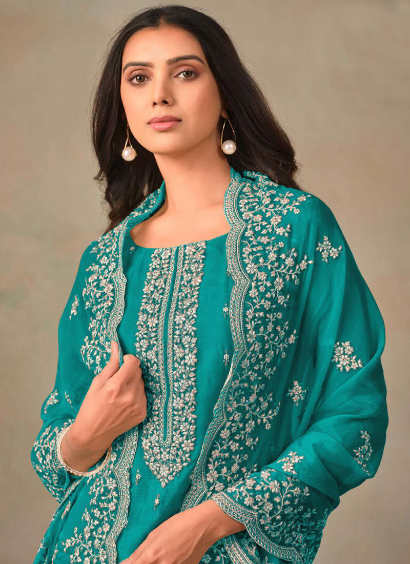 Vegaa Fashion Turquoise Organza Embroidery Work Designer Salwar Suit | Grocsy