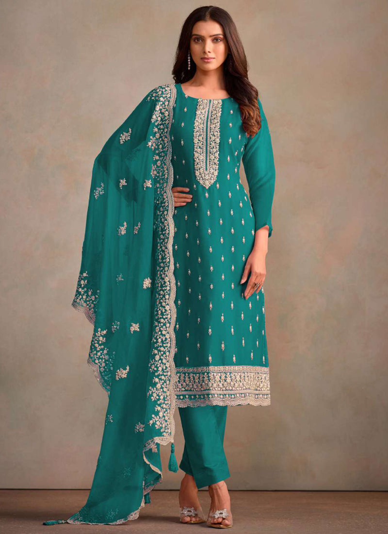 Vegaa Fashion Turquoise Organza Embroidery Work Designer Salwar Suit | Grocsy