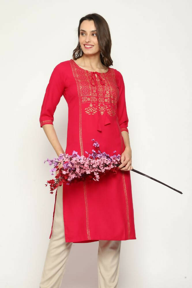 Maai Rayon Hand Printed Kurta Red | Grocsy