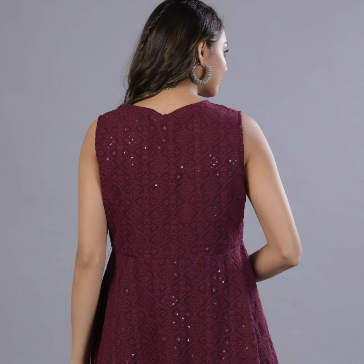 Juniper Women Wine Georgette Embroidered Peplum Tunic | Grocsy