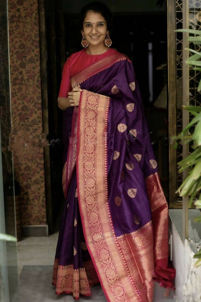 DEIANA'S Beautiful Designer Golden zari Soft Lichi Silk Saree - Purple | Grocsy