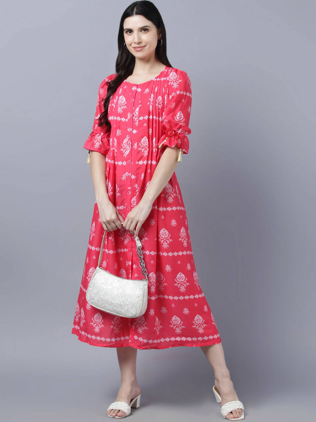 Myshka Women's Pink White Ethnic Motifs Printed Maxi Dress | Grocsy