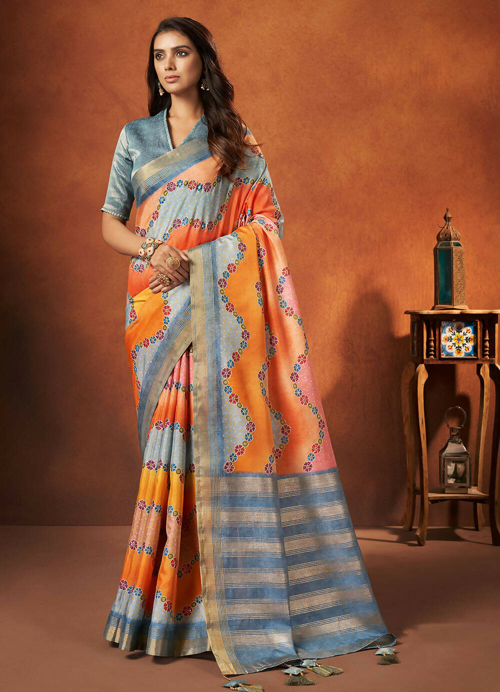 Orange & Blue Rangkat and Crepe Silk Floral Saree With Unstitched Blouse Piece - Mohmanthan Royal Saachi | Grocsy
