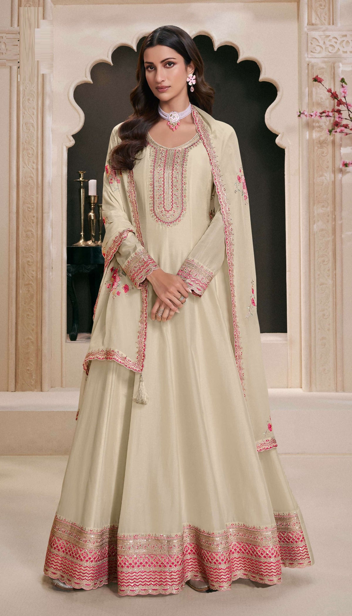Anaita Cream Embroidered Work Silk Stitched Anarkali Suit | Grocsy
