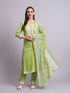 Joban Fashion Green Cotton & Embroidery Work Kurta With Trousers & Dupatta Set | Grocsy