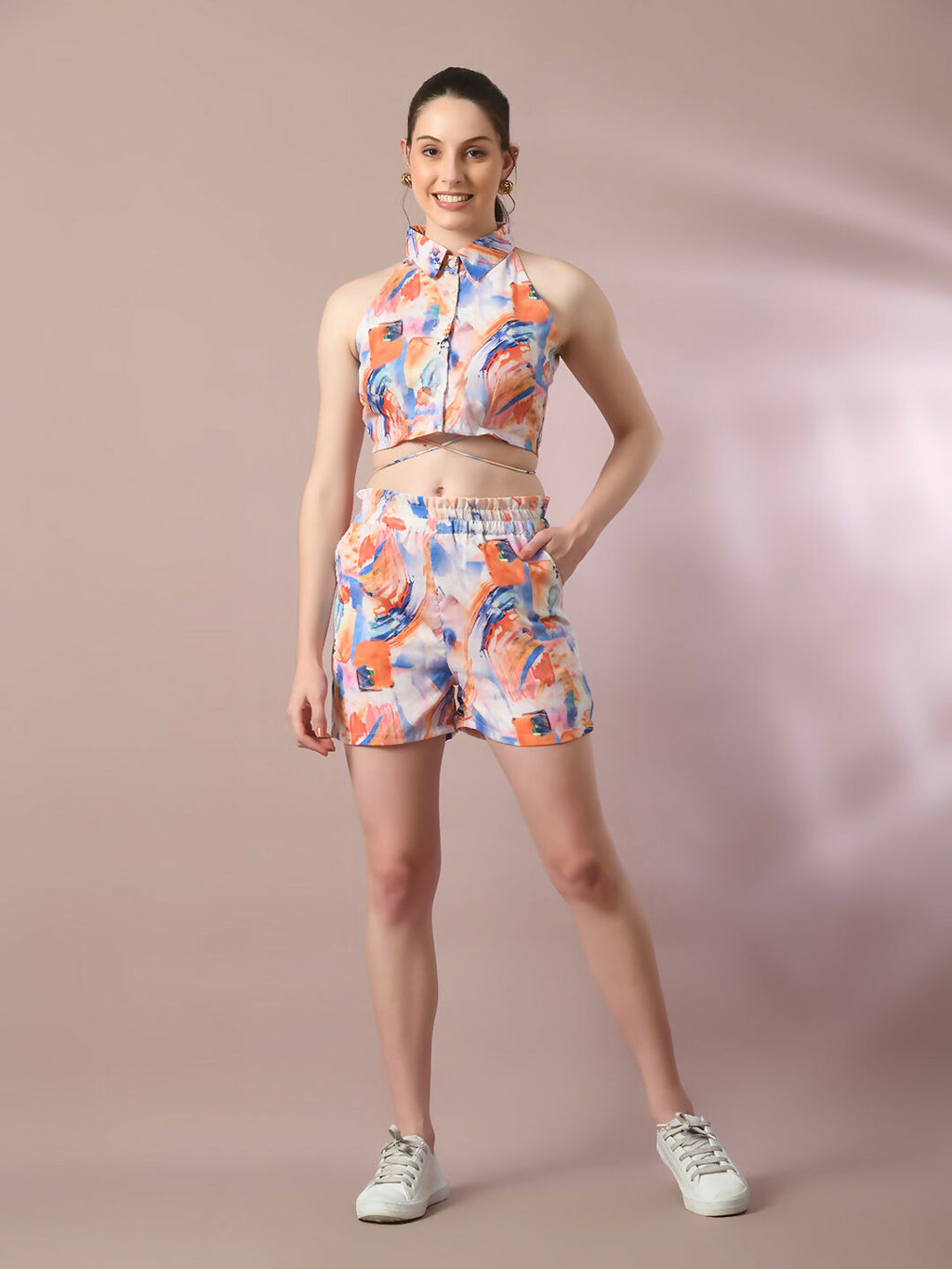 Myshka Women's Multi Printed Shirt Collar Party Top With Shorts Co-ord set | Grocsy