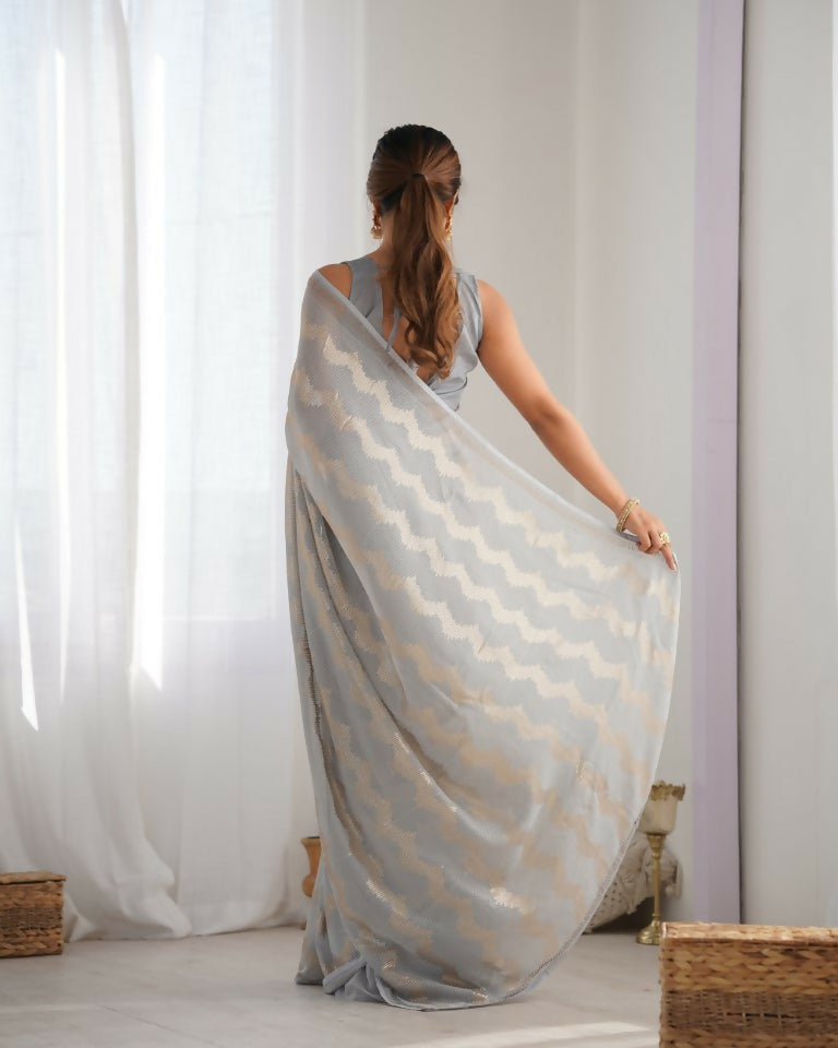 Grey Georgette Sequance Embroidery Work Border Saree - Sitare | Grocsy