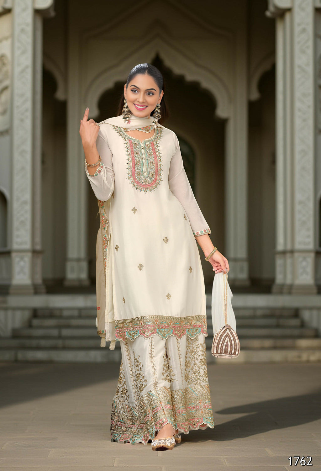 Ethnic Festive Wear White Primium Chinon Fabric Stitched Suit With Dupatta - Zeeya | Grocsy