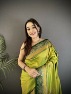Joban Fashion Light Green Banarasi Soft Silk Peacock Butta Work Saree | Grocsy