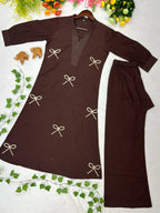 Teeya Creation Women New Trendy Chocolate Brown Embroidered Cotton Kurta with Palazzos | Grocsy