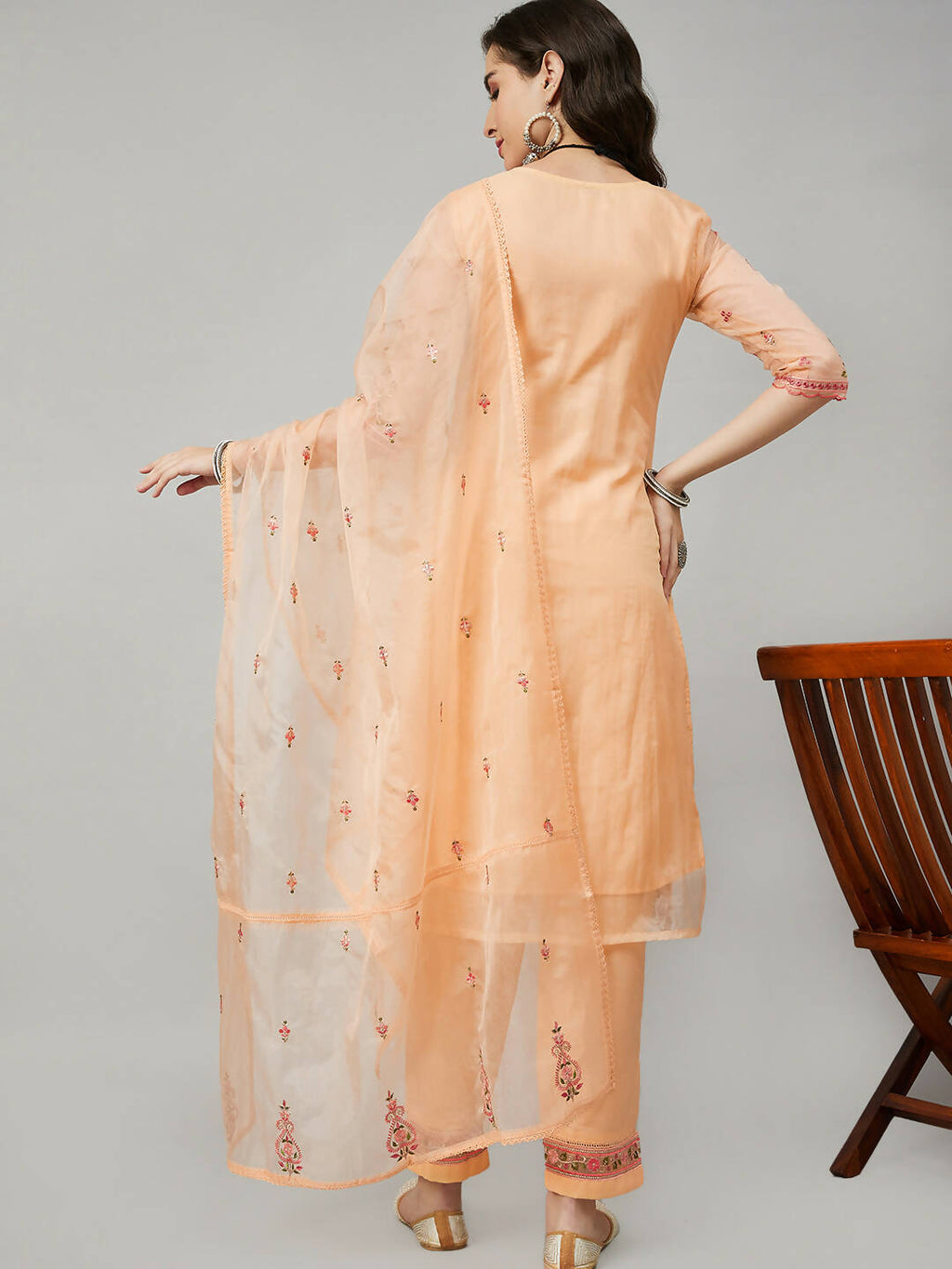 Orange Organza Embroidered Kurta with Bottom & Dupatta - Salimar | Grocsy