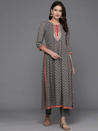 Ahalyaa Women Ethnic Motifs Printed Pleated Sequinned Kurta with Trousers - Grey Color | Grocsy