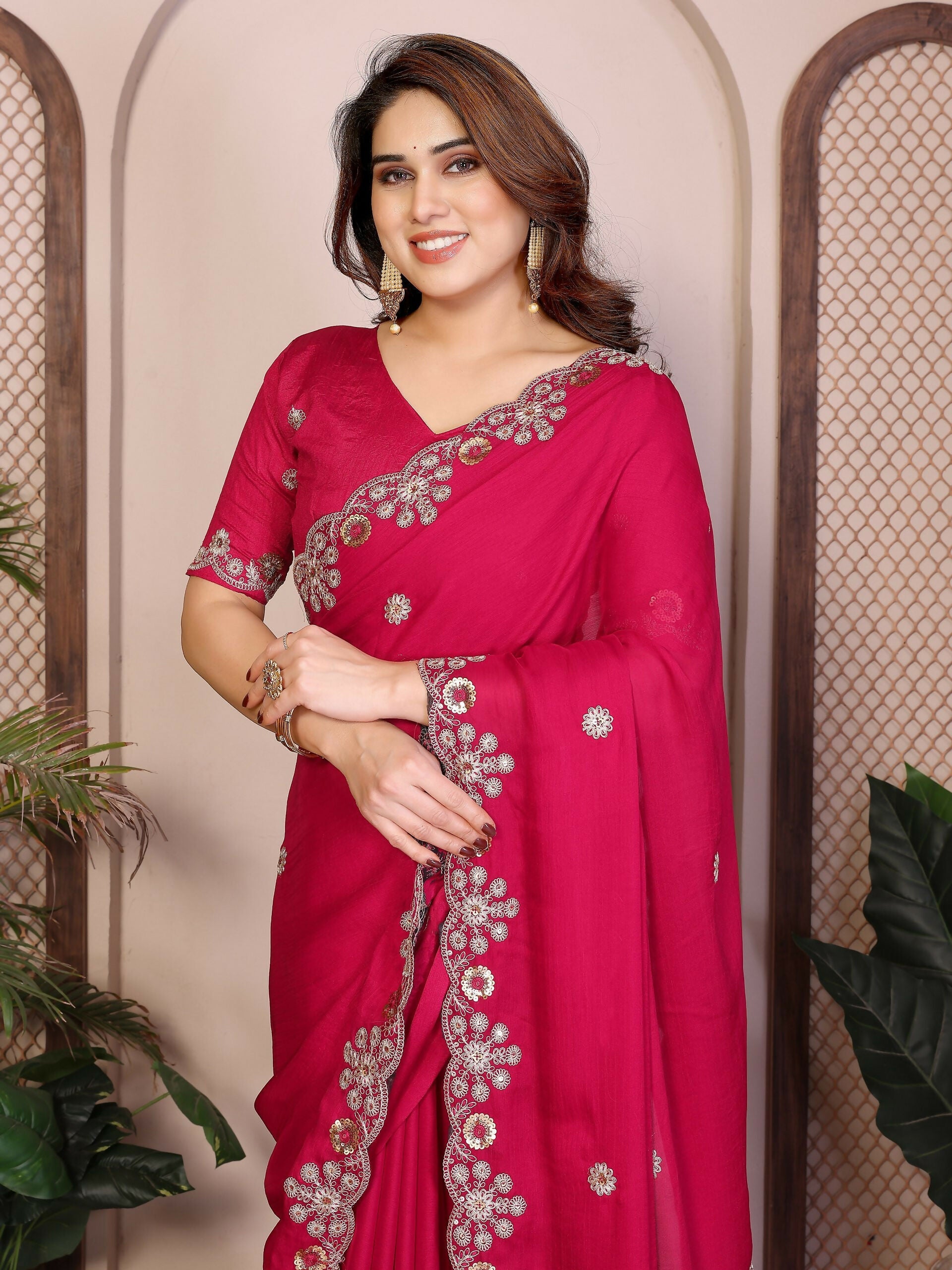 Teeya Creation New Trendy Party Wear Soft Satin Chiffon Saree-Pink | Grocsy