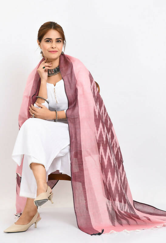 Mominos Fashion Moeza Women's Handloom Cotton Ikkat Maroon Dupatta | Grocsy