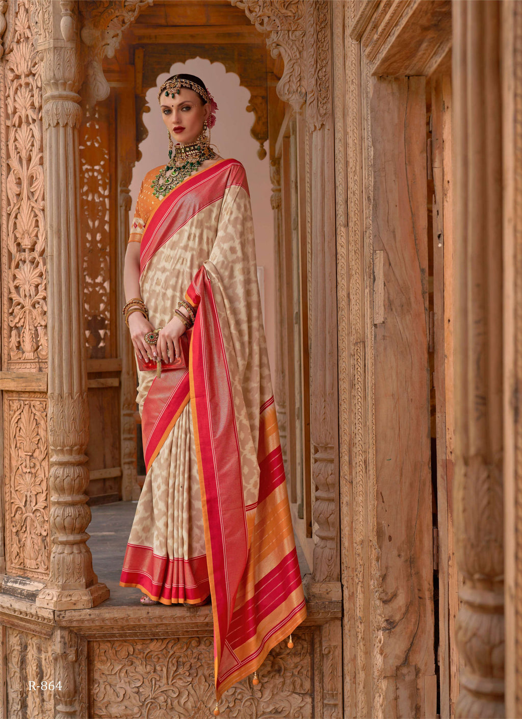 Cream Silk Abstract Printed Saree With Unstitched Blouse Piece - Aanchal | Grocsy