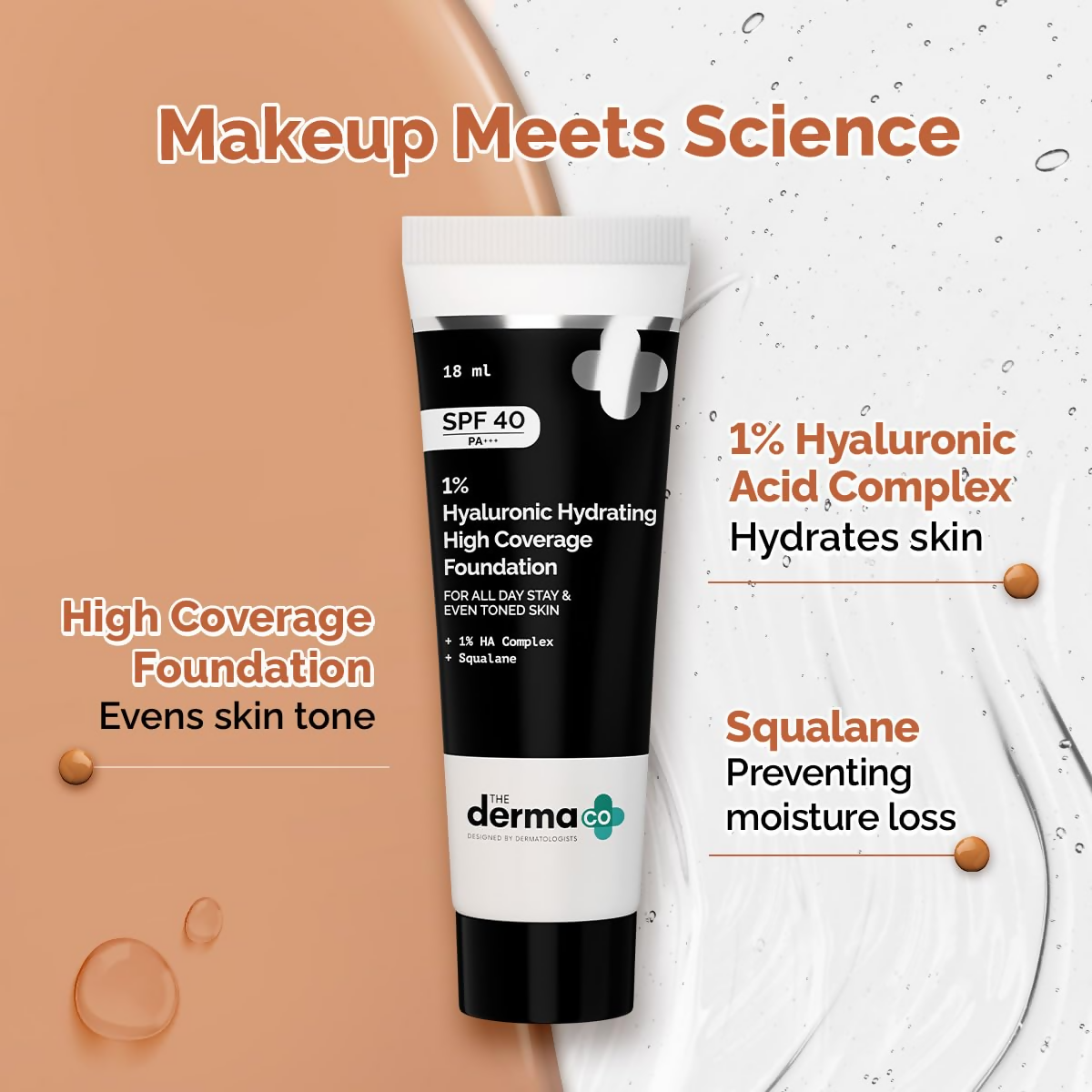 The Derma Co 1% Hyaluronic Hydrating High Coverage Foundation With SPF 40 PA+++ - 05 Peach | Grocsy