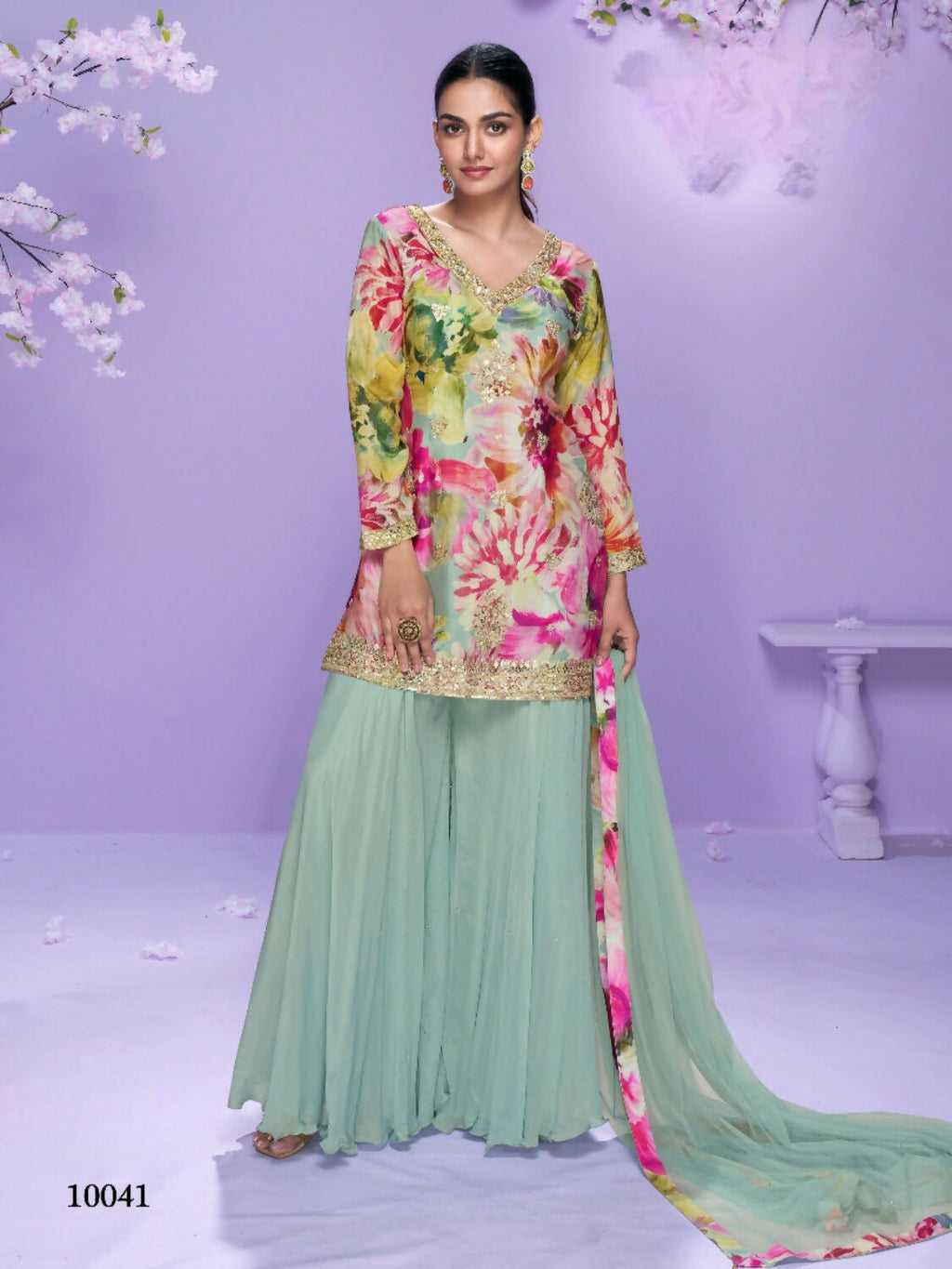 Anaita Sea Green Chinon Readymade Palazzo Suit with Digital Embroidery Work | Grocsy