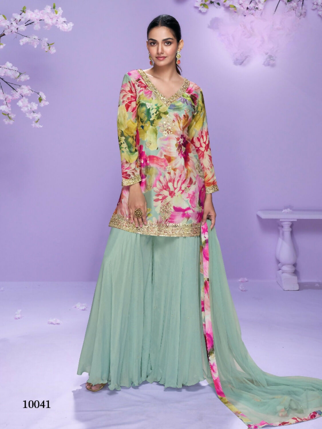Anaita Sea Green Chinon Readymade Palazzo Suit with Digital Embroidery Work | Grocsy