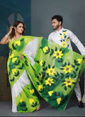 Exclusive Collection Elegant Hand Printing Designe On Pure Cotton Saree And Men's Kurta - Green | Grocsy