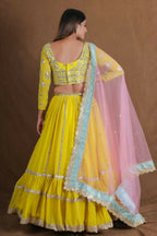 Yellow Georgette Zari Sequence Embroidery With Foil Mirror Work Lehenga Choli - Jihu Culture | Grocsy