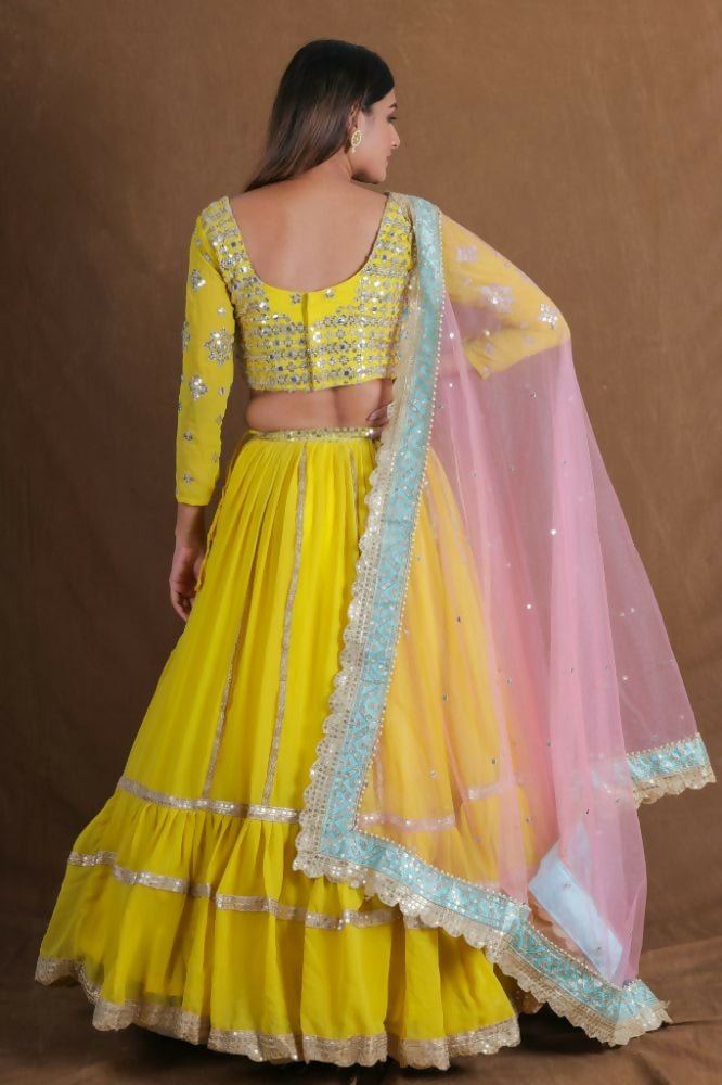 Yellow Georgette Zari Sequence Embroidery With Foil Mirror Work Lehenga Choli - Jihu Culture | Grocsy