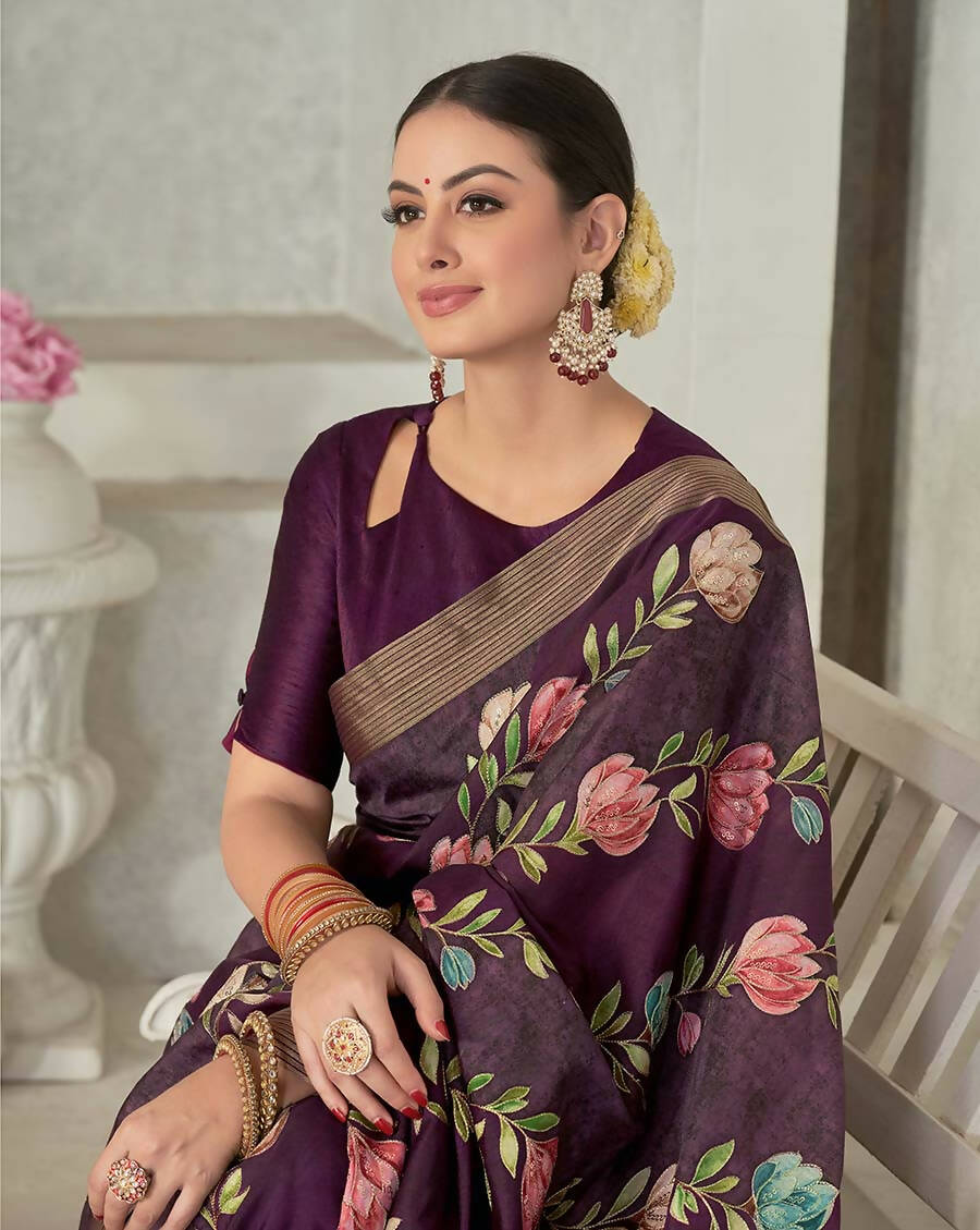 Purple Rangkat Tussar Silk Woven Design Saree with Unstitched Blouse - Mohmanthan Eshani | Grocsy