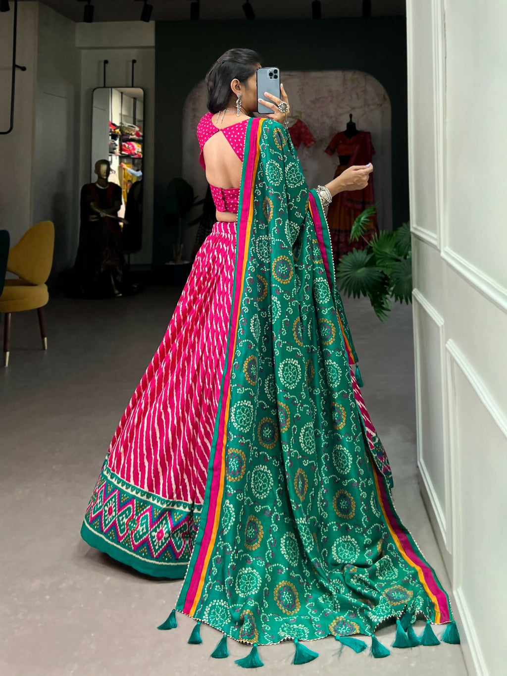 Vastranavya Cultural Leheriya With Patola Print Border Tussar Silk Lehenga Choli - Pink | Grocsy