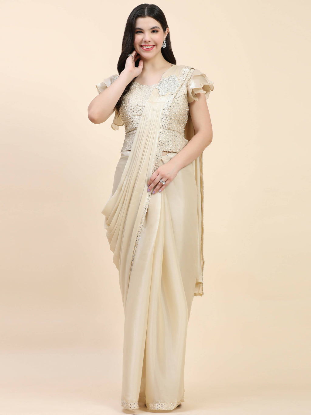 Beige Silk Satin Sequence Work Ready to Wear Saree with stitched Blouse - Nirvana | Grocsy