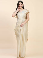 Beige Silk Satin Sequence Work Ready to Wear Saree with stitched Blouse - Nirvana | Grocsy