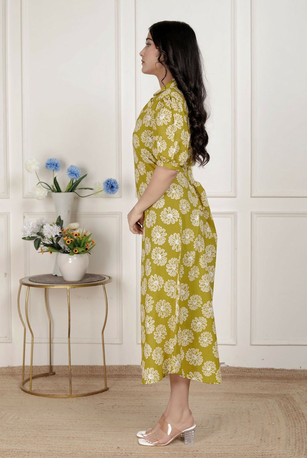 Miravan Women'S Yellow Printed Puff Sleeve Floral Maxi Party Dress | Grocsy