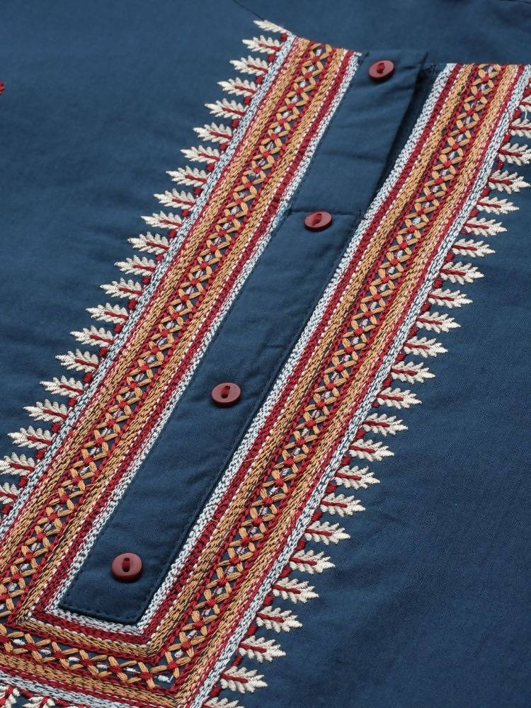 Yufta Navy Blue and Maroon Embroidered Kurta Palazzo Set | Grocsy