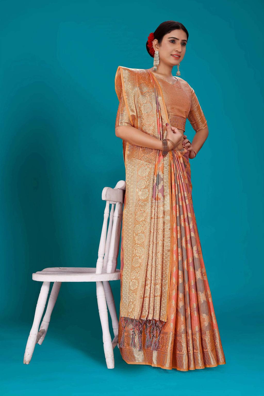 Orange Soft Organza Woven Design Saree with Unstitched Blouse Piece - Zaara | Grocsy