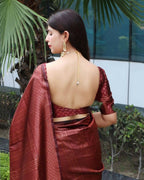 DEIANA'S Beautiful Designer Golden zari Soft Lichi Silk Saree - Maroon | Grocsy
